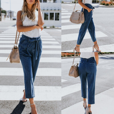 

〖Follure〗Women Hight Waisted Loose Bow Bandage Hole Denim Jeans Stretch Pants Jean