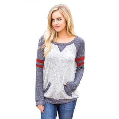

Round neck long sleeve striped two pocket shirt casual straight jacket womens