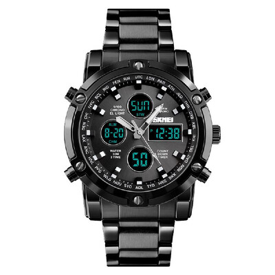 

Fashion Watch Trend Multi-functional Three Time Large Dial Business Mens Electronic Steel Band Watches BlackBlack