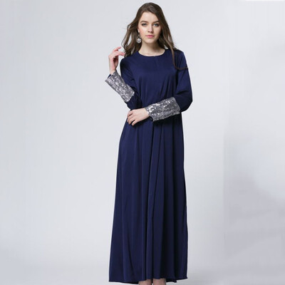 

〖Follure〗Women O-Neck Solid Long Sleeve Sequin Patchwork Sleeve Muslim Custom Long Dress
