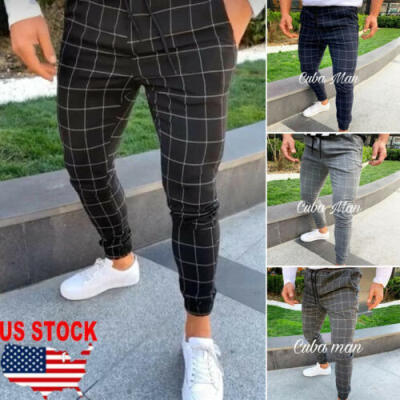 

NEW Mens Slim Fit Plaid Straight Leg Trousers Casual Pencil Jogger Casual Pants