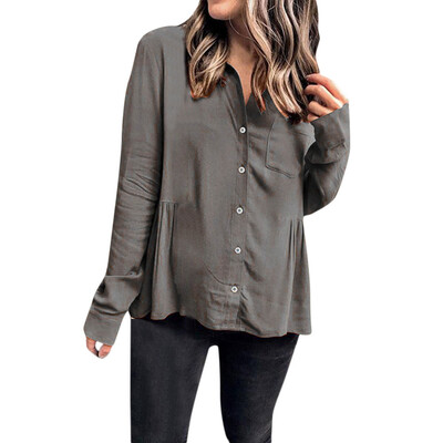 

Starmoon Women Casual Solid Button Up Button Front Ruffled Pleats Pocket Shirt Top Blouse