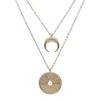 

Bohomian Multilayer Necklace Round Coin&Half Moon Pendant Necklace For Women Metal Gold Color Jewelry