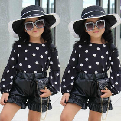 

US New Toddler Baby Girl Kid Set Polka-dot Tops Short Leather Pants Clothes 1-6Y