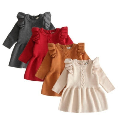 

0-5Y Kids Baby Girls Tops Sweater Dress Ruffles Long Sleeve Solid Knit Warm Dress A-Line Dress Outfit Autumn Winter
