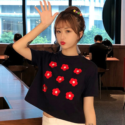 

Spring Girls Sexy Flowers Print Pink Cotton T-shirt Women Short Sleeve Navel Bare Cropped Tops Tees Streetwear T Shirts