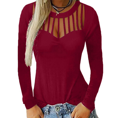 

Womens Hollow Out Long Sleeve Blouse Tee Ladies Casual Slim Fit Tops T-Shirt