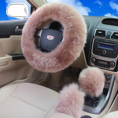 

Fashion 3Pcs Long Plush Fuzzy Steering Wheel Cover Light Camel Car Accessory