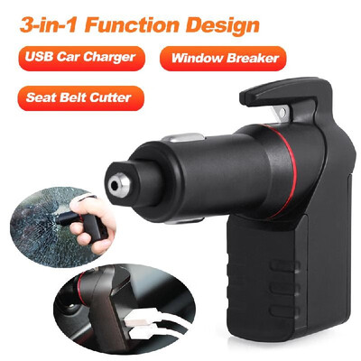 

3-in-1 Car Charger with Dual-USB Charging Ports Multi-functional Emergency Escape Tool Window Breaker Seat Belt Cutter