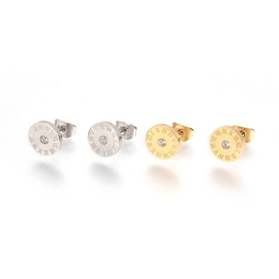 

304 Stainless Steel Stud Earrings with Rhinestone Flat Round with Roman numerals Mixed Color 8x15mm Pin 07mm