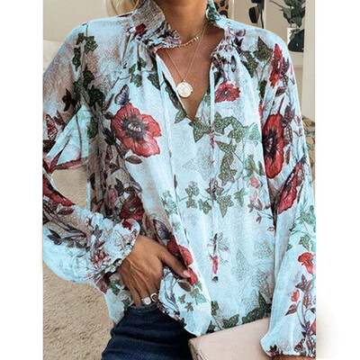 

Tailored Women Casual V-Neck Long Flare Sleeve Printed Chiffon Loose Pullover Top Blouse