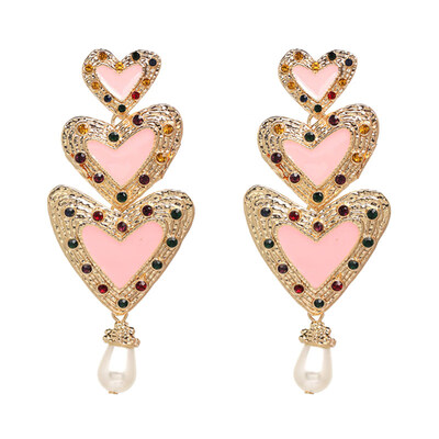 

Vintage Women 3 Hearts Drop Rhinestone Faux Pearl Enamel Statement Stud Earrings