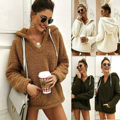 

Women Winter Pocket Pullover Hoodie Fluffy Coat Tops Fleece Fur Jacket Outerwear
