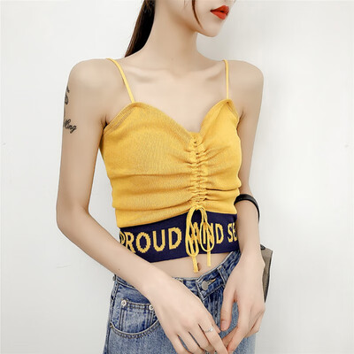 

Womens Sexy Drawstring Letter Print Sleeveless Pullover Knitted Crop Top Camisole