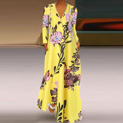 

Tailored Fashion Women Casual Plus Size V-Neck Flower Print Long Sleeve Loose Dress