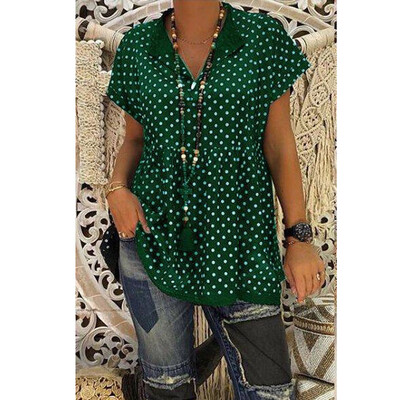 

Nomeni Women Casual V Neck Short Sleeve Dot-Intarsia Print Shirts Soild Top Vest Blouse