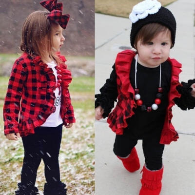 

Cute Baby Kids Girl Plaid Jacket Sweatshirt Long Sleeve Top Pleated Jacket