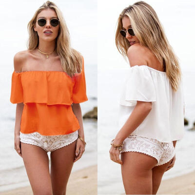 

Summer Women Off Shoulder Ruffled Low Back Peasant Chiffon Blouse Shirt Crop Top