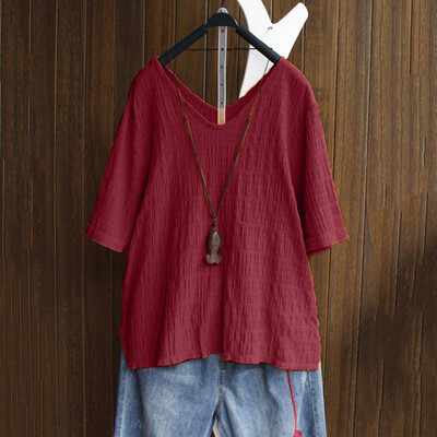 

Nomeni Womens Vintage Solid Color V-Neck Short Sleeve T-Shirt Loose Tops Blouse