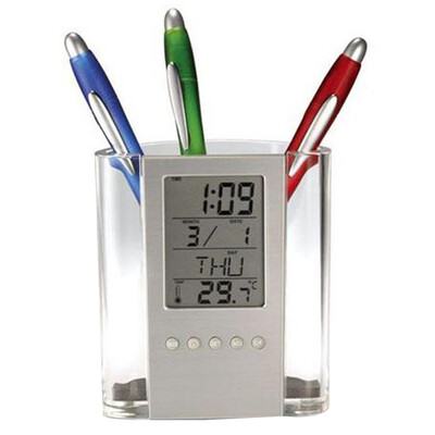 

Digital Desk Pen Holder LCD Clock Home Office School Thermometer Calendar Display Pencil Container
