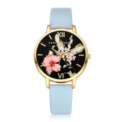 

Featured Womens Watches Scale Golden Border Dial Ladies Quartz Wristwatch Flower Pattern Leather Strap Clock Reloj Mujer