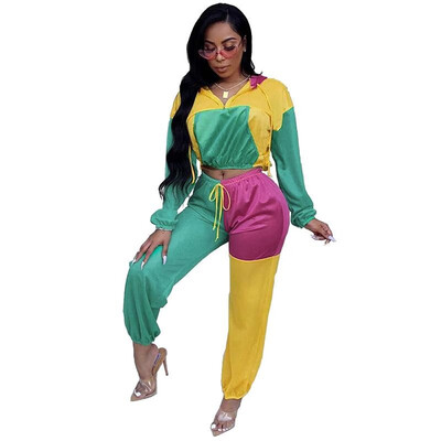 

Women Bomber Jacket Pencil Pants Set Color Block Raglan Long Sleeves Sport Tights Gym Fitness Casual 2PCS