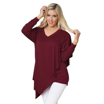 

V Neck Long Sleeve Layered Asymmetric Women T-shirt