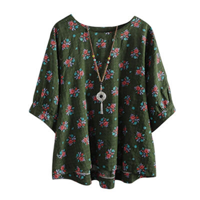 

Women Bohemian Vintage Flowers Printing Half Sleeves Blouse Loose T-Shirt