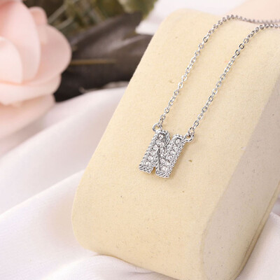 

Fashion Women 26 Double Sided English Alphabet Diamond Silver Color Necklace