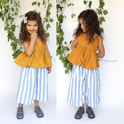 

Fashion Toddler Infant Kids Baby Girls Ruffled Sleeveless Strap Ruffled T-shirt TopsStripe Wide Leg Pants Outfits