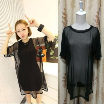 

Sexy Women See Through Mesh Short Sleeve Cool Oversize Shirt Cover Tops Blouse