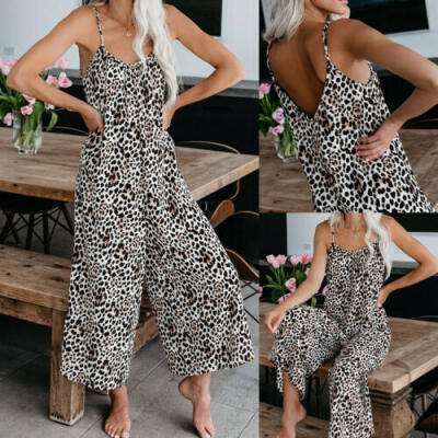 

US Women Summer Casual Sleeveless Leopard Jumpsuit Loose Wide Leg Pants Playsuit