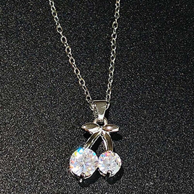 

Lovely Shining White Rinestone Crystal Cherry Pendant Necklace Female Women Silver Gold Color Chain Necklace