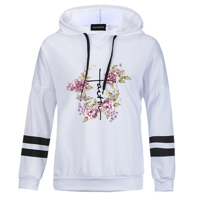 

Women Casual Stripe Long Sleeve Hoodie Pullovers Hoody Floral Faith Letter Printed Hooded Hoody Sweatshirt Tops