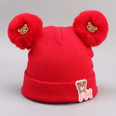 

Baby headgear in autumn&winter boys&girls knitted pure cotton cotton warm cartoon cute double ball caps