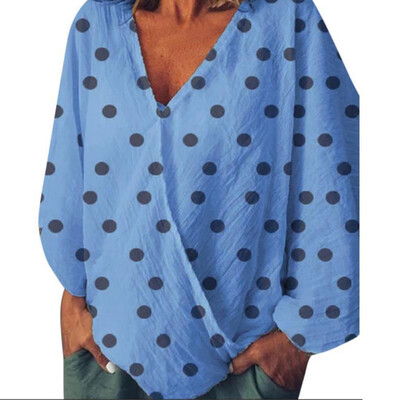 

Womens Polka Dots Loose Tops Long Sleeve Blouse Baggy V-neck Shirts Plus Size