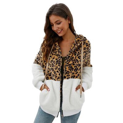 

Casual Leopard Women Zippers Jacket Winter Loose Fashion Hooded Cap Coat