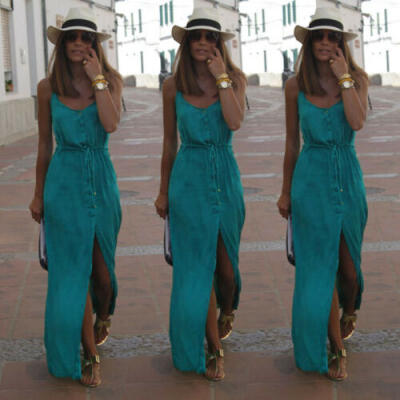 

UK Boho Womens V Neck Floral Slit Holiday Ladies Summer Long Maxi Wrap Sun Dress