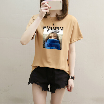 

Womens Round Neck Character & Letters Print Short Sleeve Pullover Loose T-Shirt