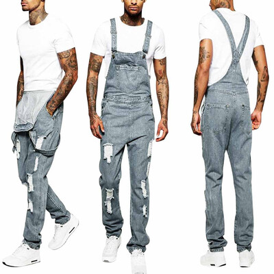 

Gobestart Mens Hole Pocket Jeans Overall Jumpsuit Streetwear Overall Suspender Pants