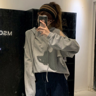 

Womens Lovely Casual Off-the-shoulder Hooded Sweatshirt Long Sleeve Loose Solid Color Korean kpop Hoodie Hip Hop Tracksuit