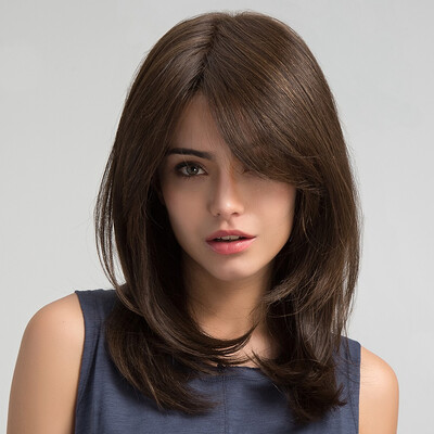 

Fashion Women Straight Hair Wigs Ladies Party Daily Natural Wave Dark Brown Natural Synthetic None Lace Wigs with Natural Bangs
