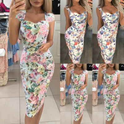 

UK Summer Women Bandage Sleeveless Bodycon Dress Floral Evening Party Gown Dress