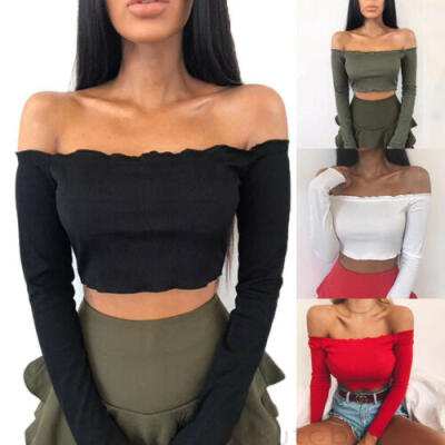 

Summer Women Casual Off Shoulder Tank Top Vest Blouse Long Sleeve Crop Top Shirt