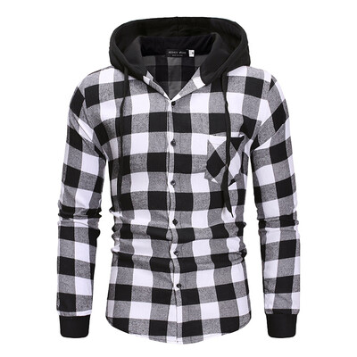 

Mens Spring Autumn Plaid Check Long Shirt Loose Casual Hooded Hoodie Shirt Coat