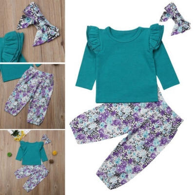 

Spring Autumn Kids Baby Girls Ruffle Outfits Long Sleeve Tops T ShirtFloral Pants&Headbands Clothes Set