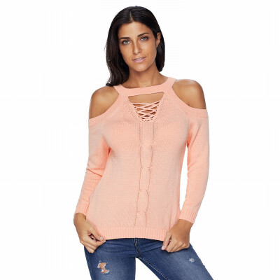 

Round neck long sleeve off-the-shoulder knit sweater casual wool bottoming shirt