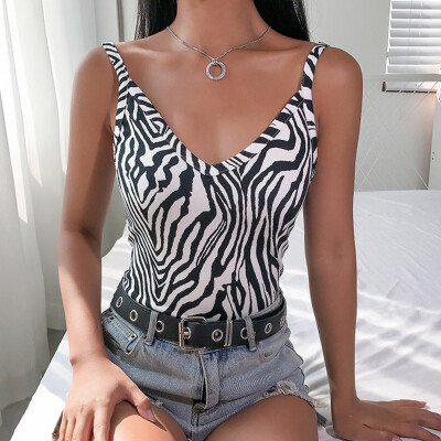 

Starmoon Women Fashion V-neck Zebra Pattern Back Bow Sexy Club Backless Jumpsuit