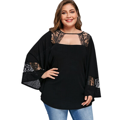 

Plus Sizes Lace Insert Bell Sleeve Top