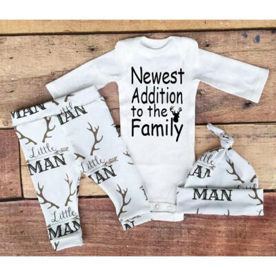 

Xmas Antler Print Pajamas Family New Addition Baby Boys Reindeer Tops Romper Pants Legging Hat Outfits Set